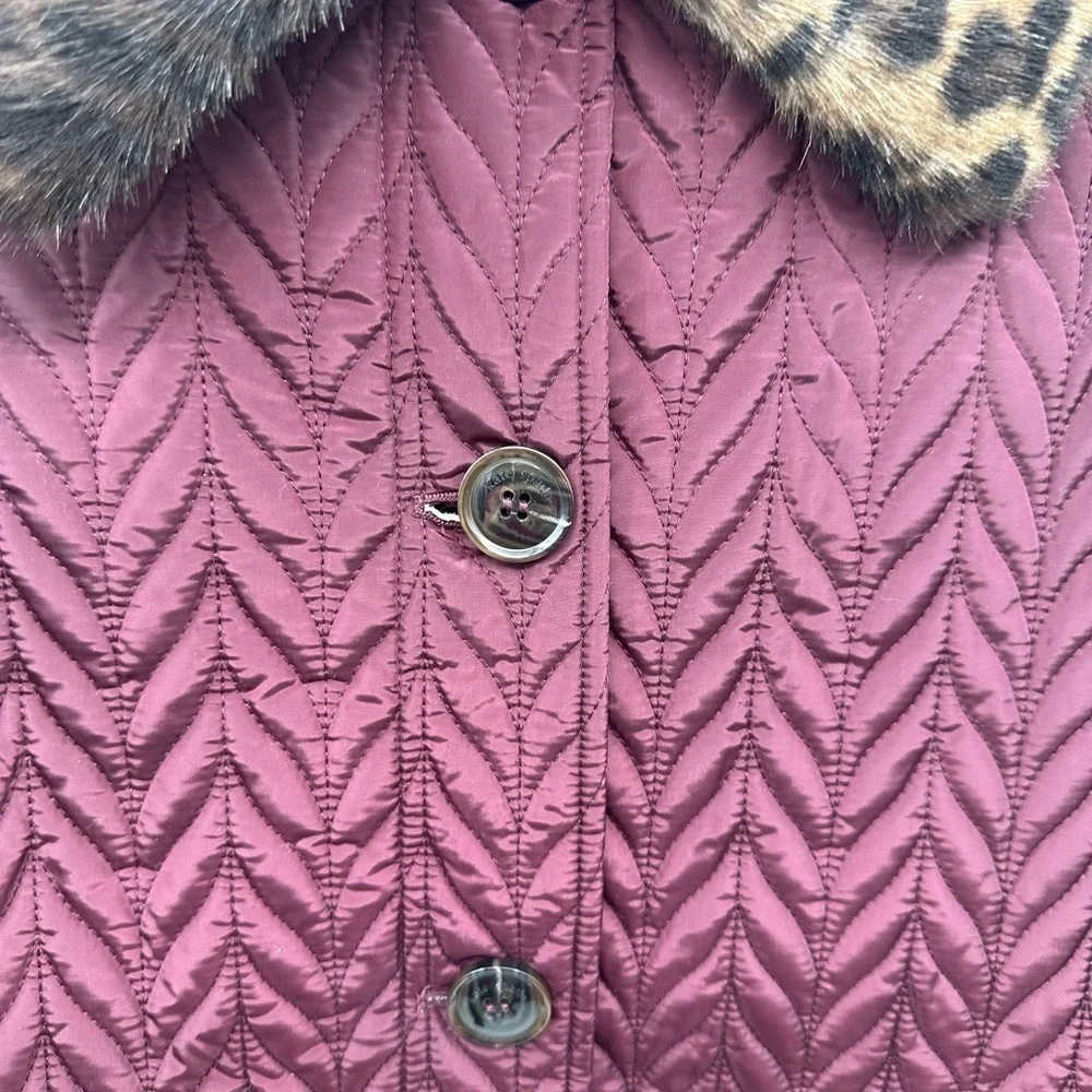 KATE SPADE L CHEVRON Leopard print Faux Fur removable collar QUILTED jacket